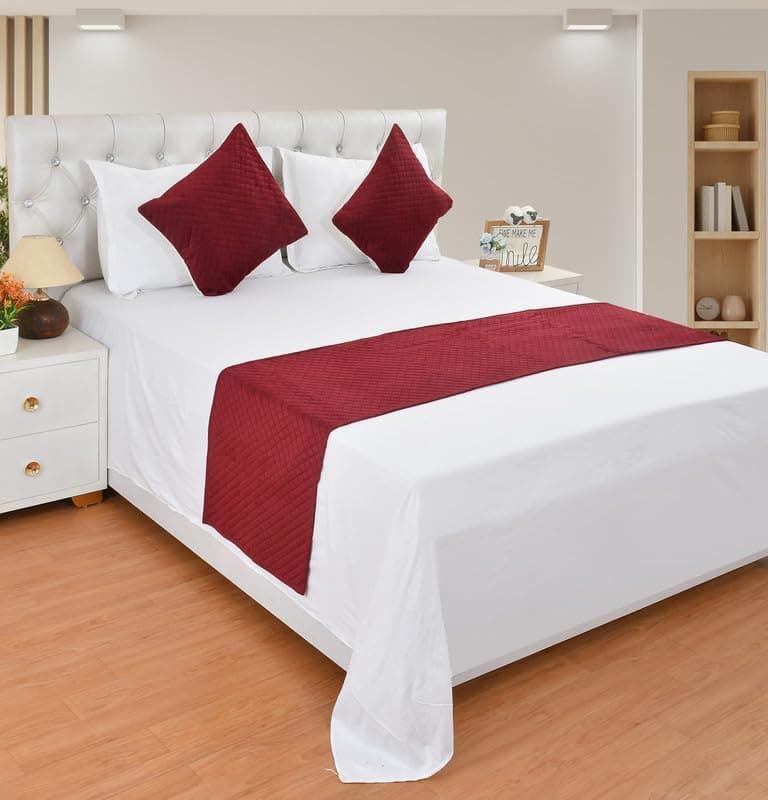 SHRIANAND CREATIONS 200TC Solid Quilted Velvet Bed Runner Scarf with Matching Cushion Covers/Slipcover Mattress Protector/Bed Linen Scarf/Decorative Set for Bedrooms/Hotel Rooms/Guest Rooms (Maroon)