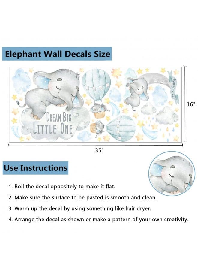 Yovkky Blue Watercolor Boy Elephant Wall Decals, Sweet Dream Big Little One Sticker Moon Hot Air Balloon Star Nursery Decor, Home Baby Shower Room Decoration Kid Toddler Crib Bedroom Playroom Art Gift