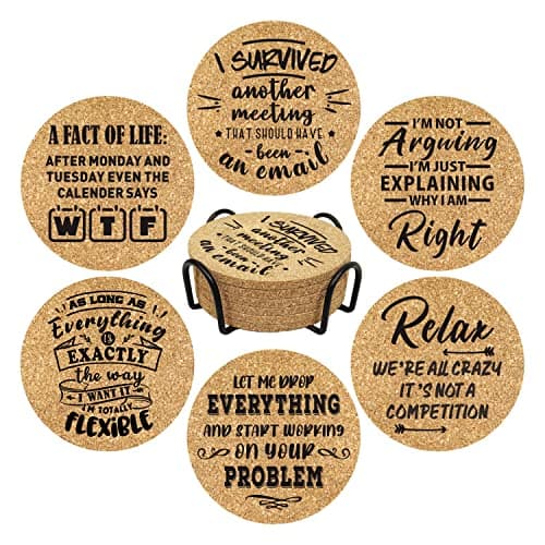 Office Gifts for Coworkers, Novelty Gifts for New Colleagues Employees Boss, Funny Office Desk Coasters, 6 Pcs Drink Coasters with Metal Holder, Birthday Housewarming Gifts for Men Women