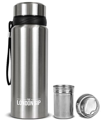 London Sip 25 oz MultiFunction Travel Mug and Tumbler Tea Infuser Water Bottle Fruit Infuser Flask Hot and Cold Double Wall Stainless Steel Coffee Thermos Cosmic Silver