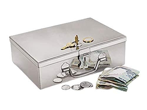 Crevita Stainless Steel Cash/Jewelry/Coin Box Silver Rectangular Storage Box with pre-Fitted Lock (8")