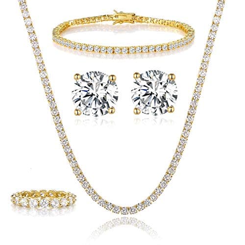 Gemsme 18K Yellow Gold Plated Tennis Necklace/Bracelet/Earrings/Band Ring Sets Pack of 4 (5#)