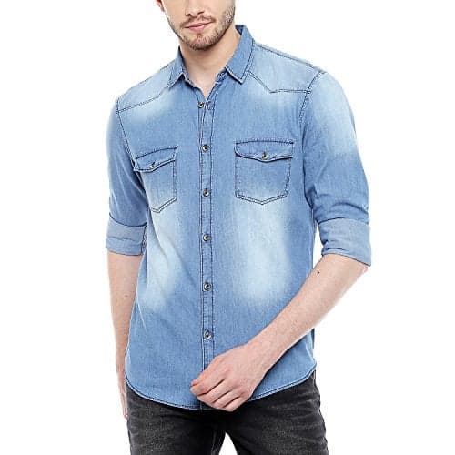 Dennis Lingo Men's Denim Medium Blue Solid Casual Shirt AZ501_MediumBlue_L