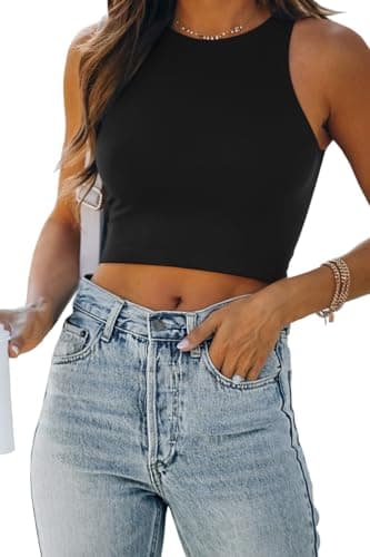 EFAN Womens Sexy Sleeveless High Neck Crop Tops Workout Cute Racerback Cropped Tank Tops Summer Clothes Teen Girls Black S