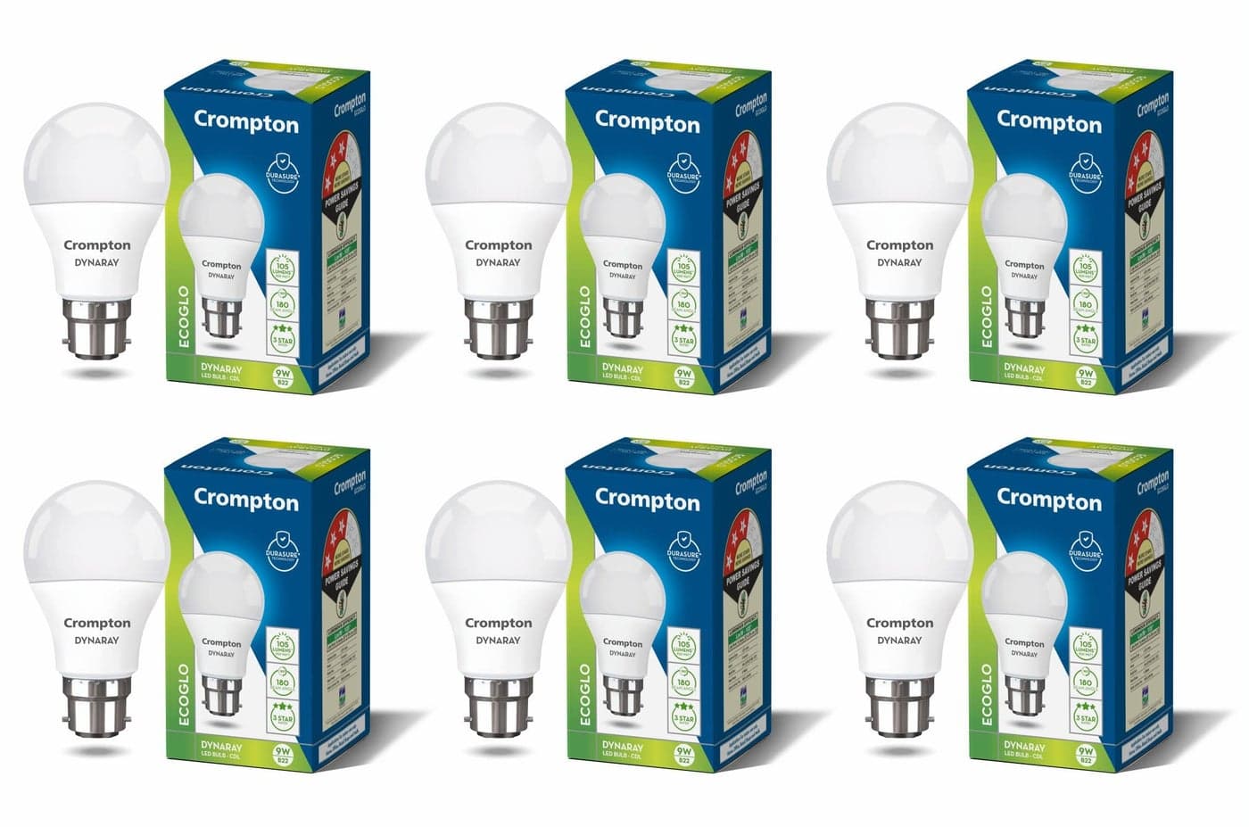 Crompton Dyna Ray LED Bulb | 9W | Cool Day Light | B22 Base | 180 Degree Coverage | 4kV Surge Protection | 440V High Voltage Protection | Pack of 6