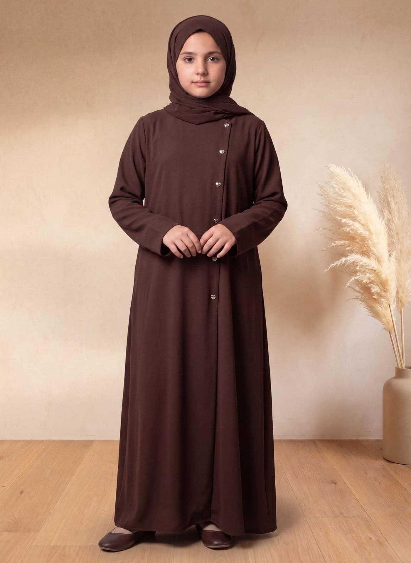 Dark Brown Kids Abaya with Matching Hijab for Girls Korean Nida Fabric Modest Islamic Dress 8 Colors Available