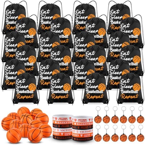 MiniInflat 96 Pcs Basketball Party Favors Include 24 Basketball Drawstring Bags 24 Basketball Keychain 24 Silicone Basketball Bracelets 24 Mini Stress Ball for Sports Supplies Decorations