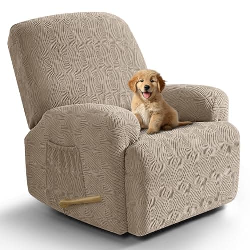 VANSOFY Recliner Chair Covers, 4-Pieces Stretch Recliner Cover Jacquard Soft Reclining Chair Slipcover Furniture Protector with Elastic Bottom for Lazy Boy Recliner(Khaki)