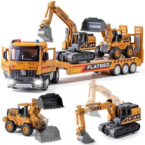 Kids Construction Toy Set Metal Cab Semi Truck Excavator Bulldozer Diecast Engineering Construction Vehicles Truck Toys with Lights Sounds Ideal Gift for 3 4 5 6 7 Years Old Boys Toddlers