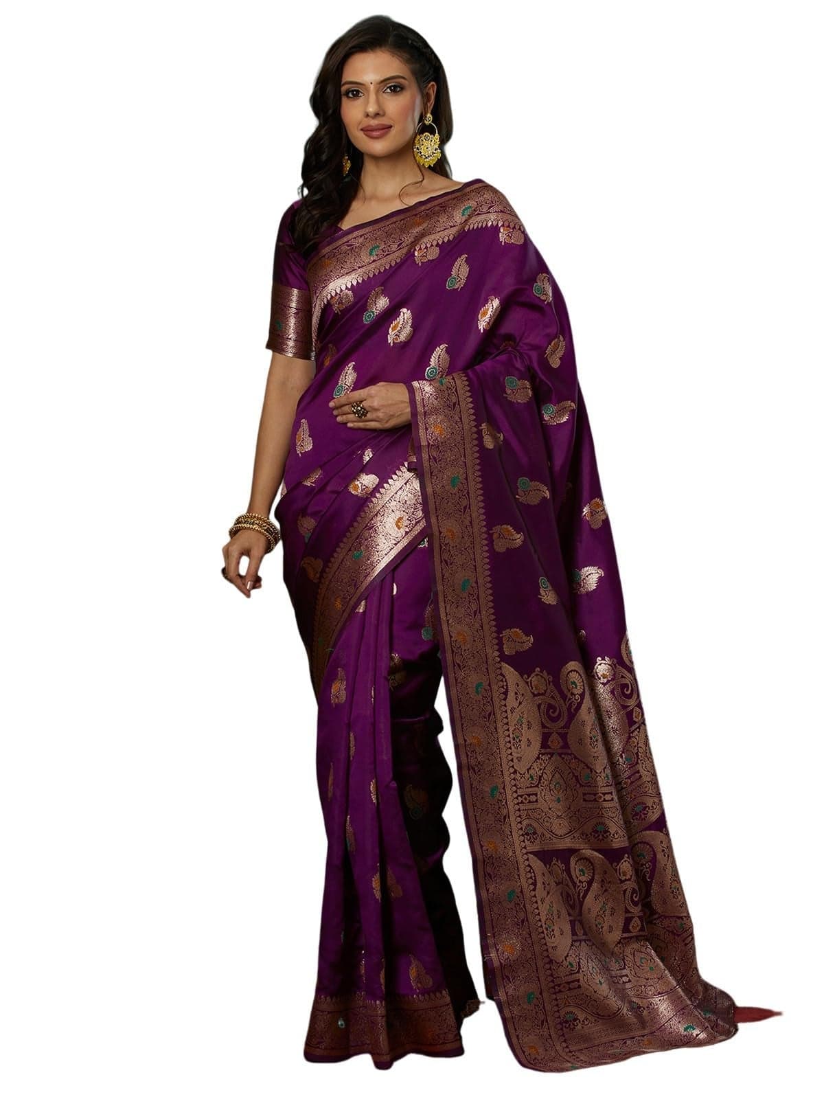 Satrani Women's Silk Blend Weaving Banarasi Saree with Unstitched Blouse Piece (4100S741N_Wine2)