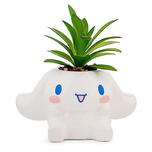 Toynk Sanrio Cinnamoroll 3Inch Sculpted Ceramic Mini Planter with Artificial Succulent Cute Flower Pot Faux Indoor Plants