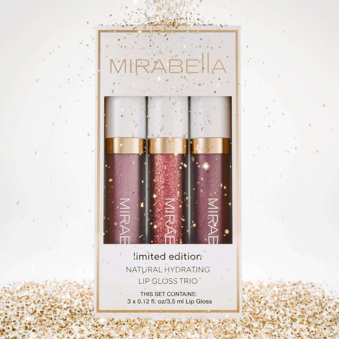 Mirabella 3 Pack Lip Gloss Trio - Highly Pigmented Shimmer Lip Gloss Non Sticky with Hydrating Medical Grade Lanolin for Chapped Lips, Lip Gloss for Women Set of 3 Shades