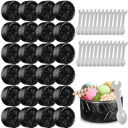 Uiifan 24 Sets Truck Wheel Ice Cream Bowls Spoon Set, Plastic Race Car Party Frozen Yogurt Cups with Spoons Sturdy Truck Tire Ice Cream for Race Car Theme Party Favor Kids Gift (Black)