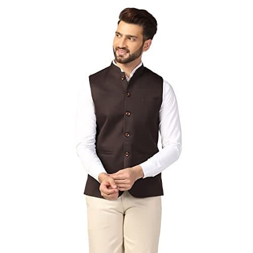 TAHVO Men's Cotton Blend Nehru Jacket (Brown, 42)