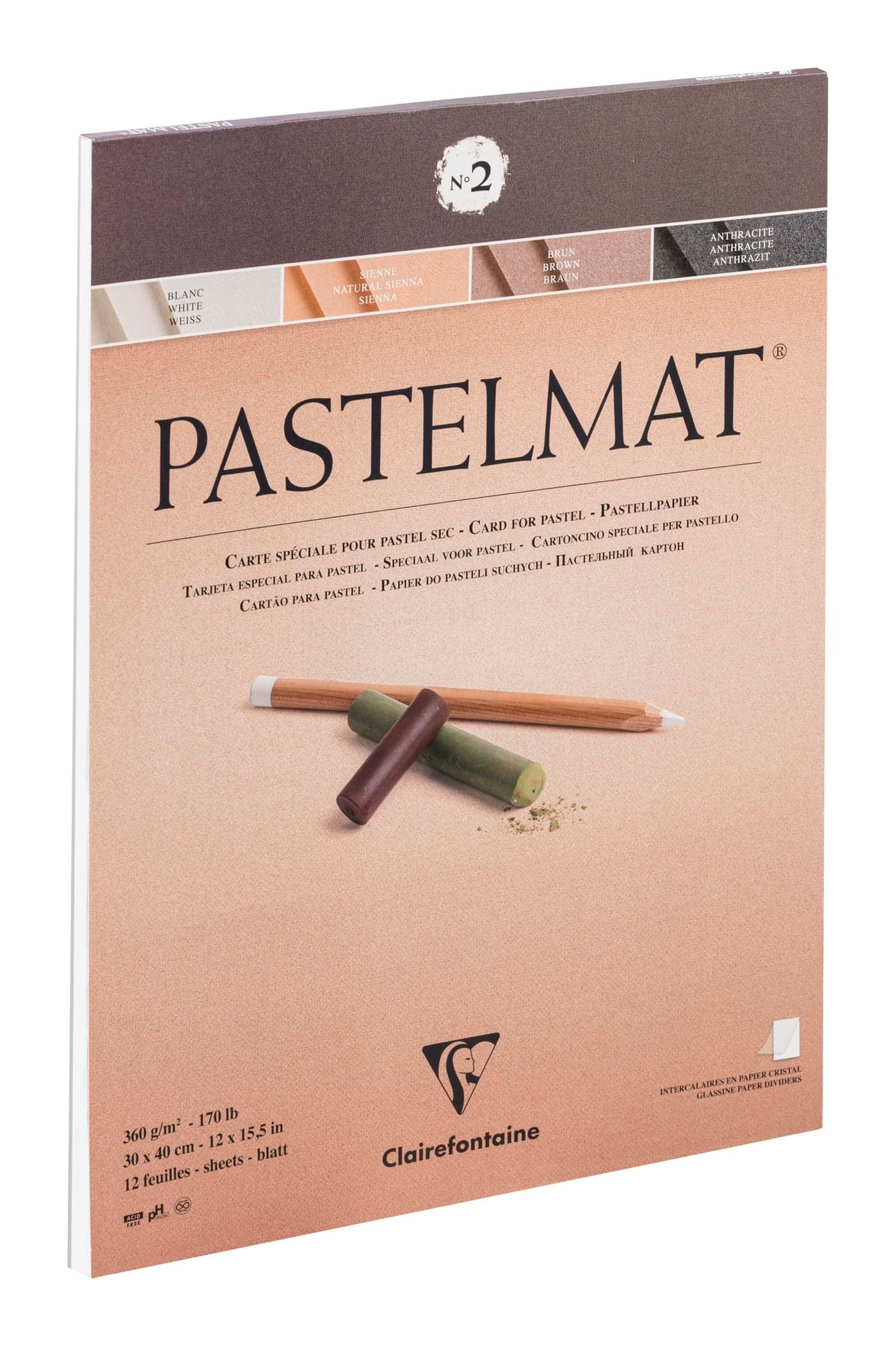 CLAIREFONTAINE NO. 1 PASTELMAT PAD, 360G, 12 Sheets (Card pad No 2, 30 x 40 cm)