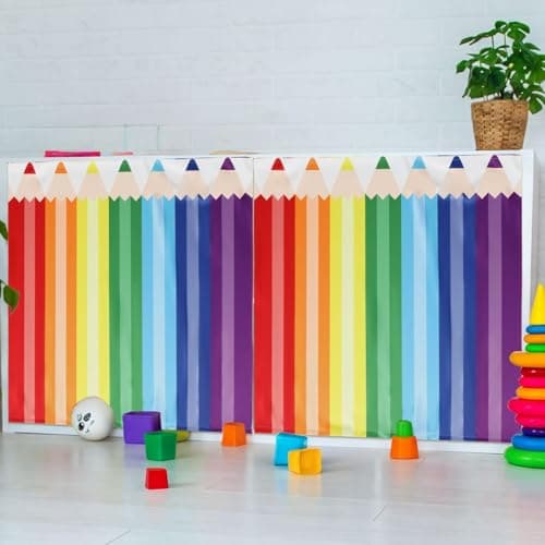 HunnmingRe 4 Pcs Classroom Cabinet Curtains for Shelves 24.02 x 24.61 Inch Self Adhesive Curtains for Bookshelf School Kindergarten Daycare Primary School Classroom Playroom (Pencil)