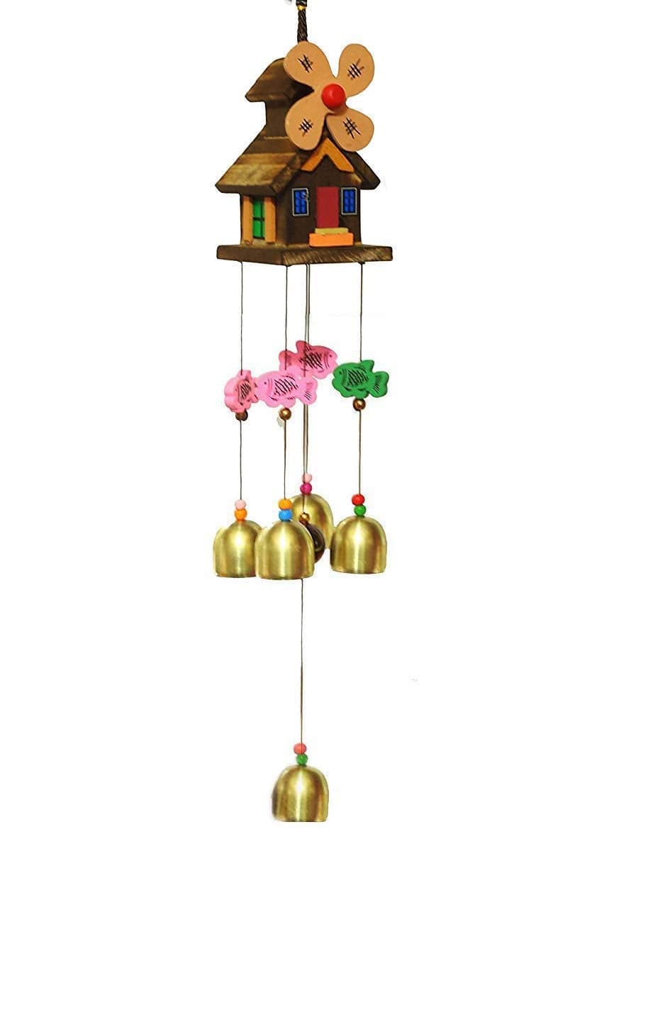 StopShop Feng Shui House Wind Chime 5 Brass Bells Hanging Charm for Positive Energy Orange Fan