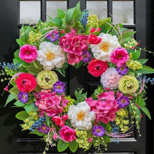 Pinkpuii Spring Wreaths for Front Door 24 Inch Lush Spring Door Wreath with Pink Peonies, Roses, White Blooms & Greenery, Garden Style Summer Flower Wreath for Front Porch, Entryway & Wall Window