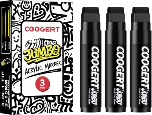 Coogert 3Pcs Black Jumbo Poster Markers 15MM Thick Permanent Acrylic Graffiti Markers Wide Tip Paint Marker for Canvas Posters Board Fabric Window Glass Wood TeachersBanner painting supplie