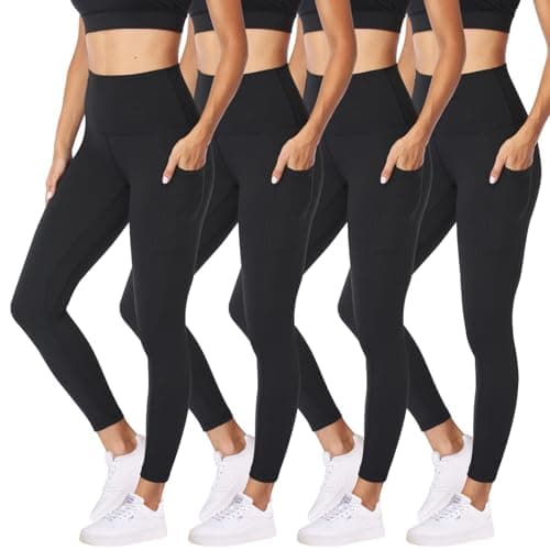 4 Pack Leggings with Pockets for Women - High Waisted Tummy Control Soft Black Yoga Pants for Athletic Workout