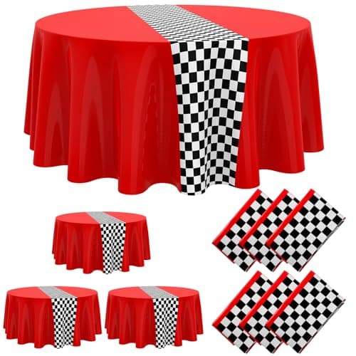 Oudain Plastic Racing Tablecloth, Round, Red, 6 Pcs, 84 inches