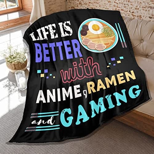 Ramen Throw Blanket, Anime Ramen Gaming Gifts for Adults Men Boys Gamers Ramen Lovers, Soft Plush Flannel Anime Quilt Throw for Room Decoration,Anime Stuff, 80 x 60in Large Size