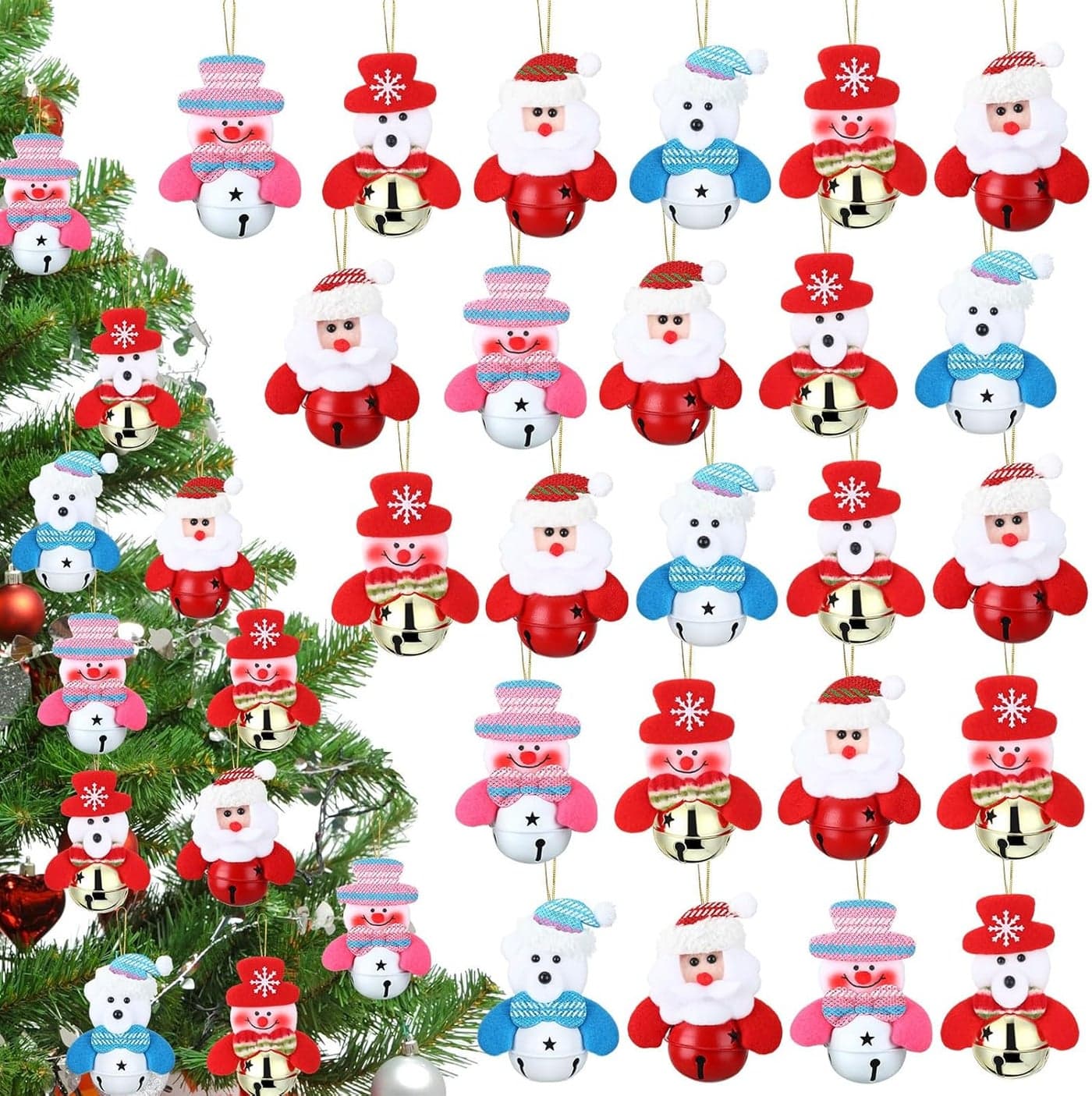 Syhood 24 Pcs Christmas Tree Plush Ornaments Hanging Decorations with Bells Bulk Snowman Santa Claus Bear Pendant for Xmas Home Indoor Decorations Holiday Party Decor
