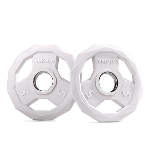 Mikolo Olympic Weights Set 2-Inch Rubber Plates, 12-Sided Non-Roll Rubber Grip with 3 Handles for Home Gym, Strength Training 5LB Pair