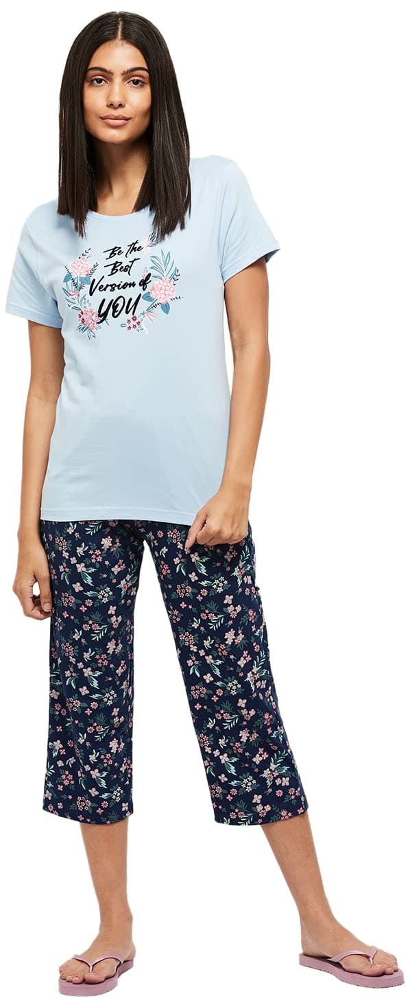 Max Women's Printed Round Neck Half Sleeve Cotton Pyjama Set Light Blue