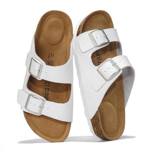 Project Cloud Genuine Leather Flat Sandals Women 2025 Beach Essentials Womens Sandals Memory Foam Vacation Essentials Slides for Women Footwear (Venita, White, 9)