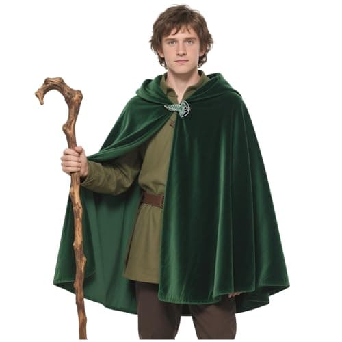 L'VOW Medieval Hobbit Cloak with Leaf Brooch Renaissance Elf Hooded Cape Velvet Cloak with Hood(Dark Green,M)