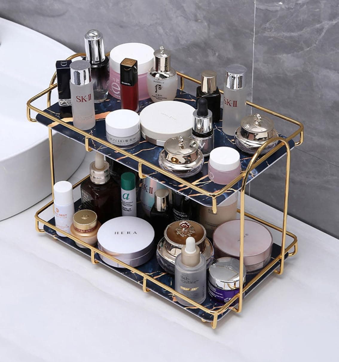 Kiwilon 2 Tier Golden Countertop Organizer Rack - 12.4 x 6.8 x 9 Inch | with Black Marble Finish Look | Plastic Tray Cosmetic Storage Shelf | Ideal for Bathroom & Kitchen | Durable & Comfortable Use