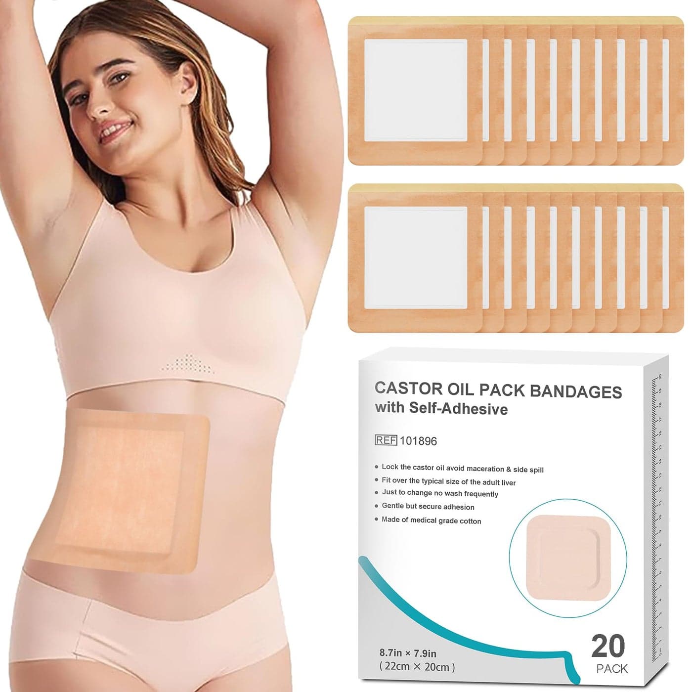 20Pcs Castor Oil Pack Wrap for Liver Stomach Belly Button 8779 Organic Cotton Pads Highly Absorbent SelfAdhesive Disposable Patches No Wash 100 LeakFreeOil Not Included US Patented