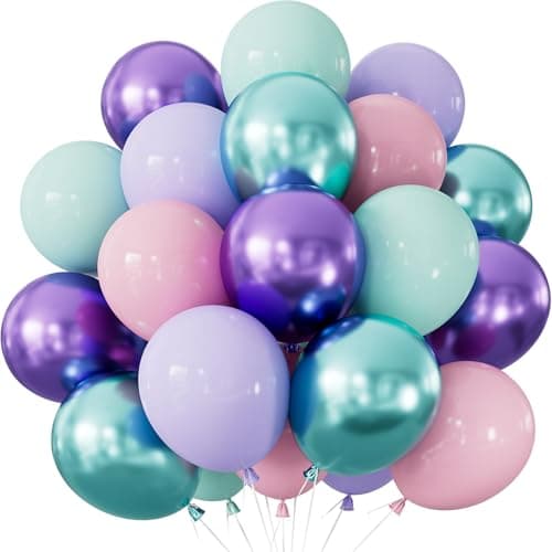 Adeyoo Mermaid Balloons 12Inch Purple Pink Green Blue Balloons Glitter Metallic Purple Green Balloon Light Teal Latex Balloon for Mermaid Birthday Baby Shower Under The Sea Party Decorations 50Pcs