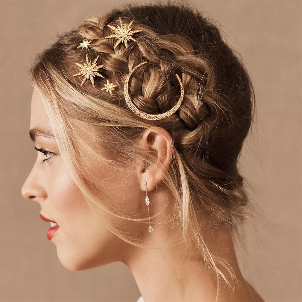BARTOSI Moon Star Hair Clips Gold Stars Hair pins Crystal Celestial Hair Accessories for Women and Girls Pack of 3
