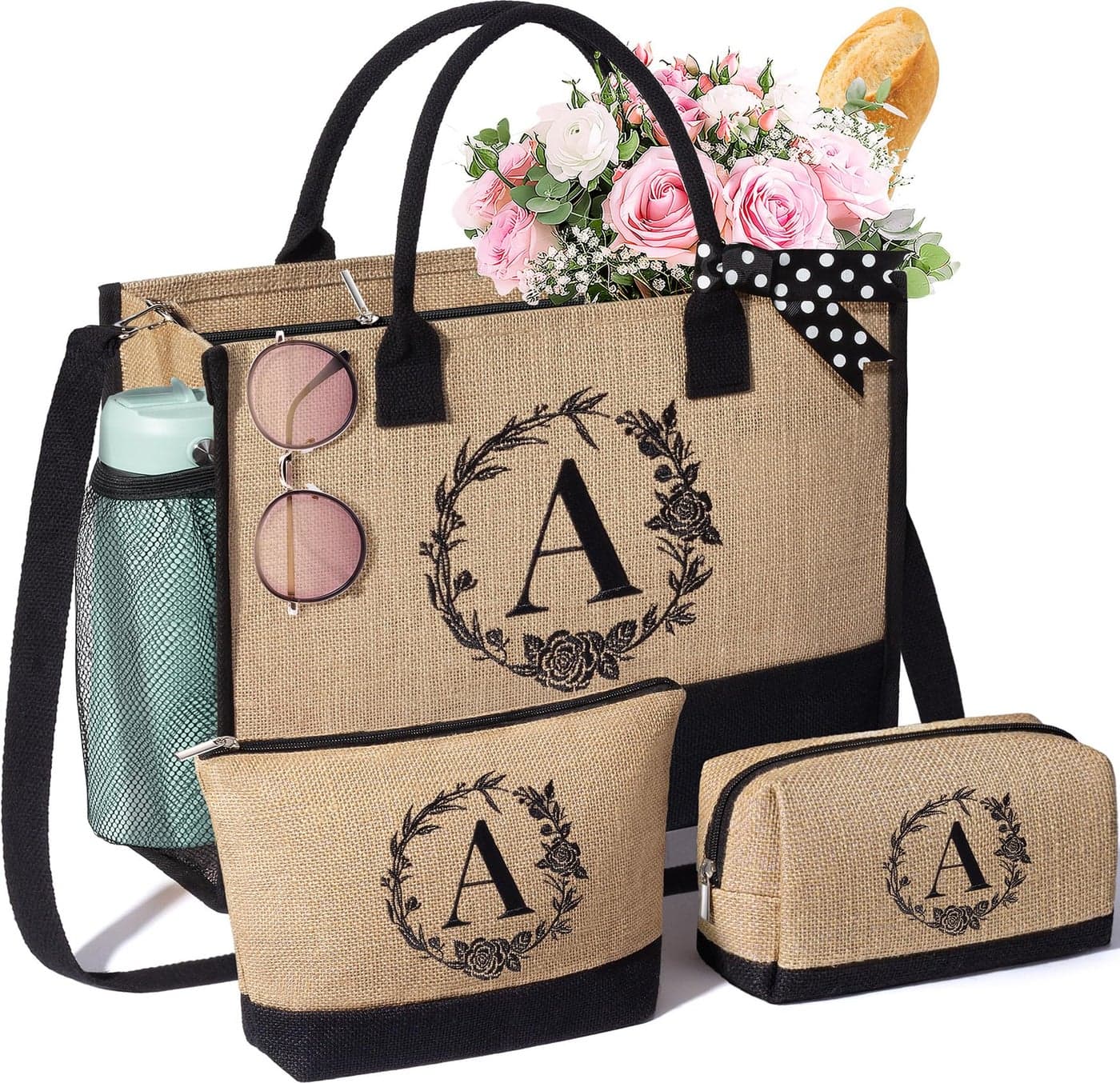 Personalized Gifts for Women Tote Bag Initial Jute Tote Bag Makeup Bags Monogrammed Beach Bag w Zipper Birthday Valentines Day Gifts for Women Her Friends Mom Daughter Sister Girlfriend Teacher