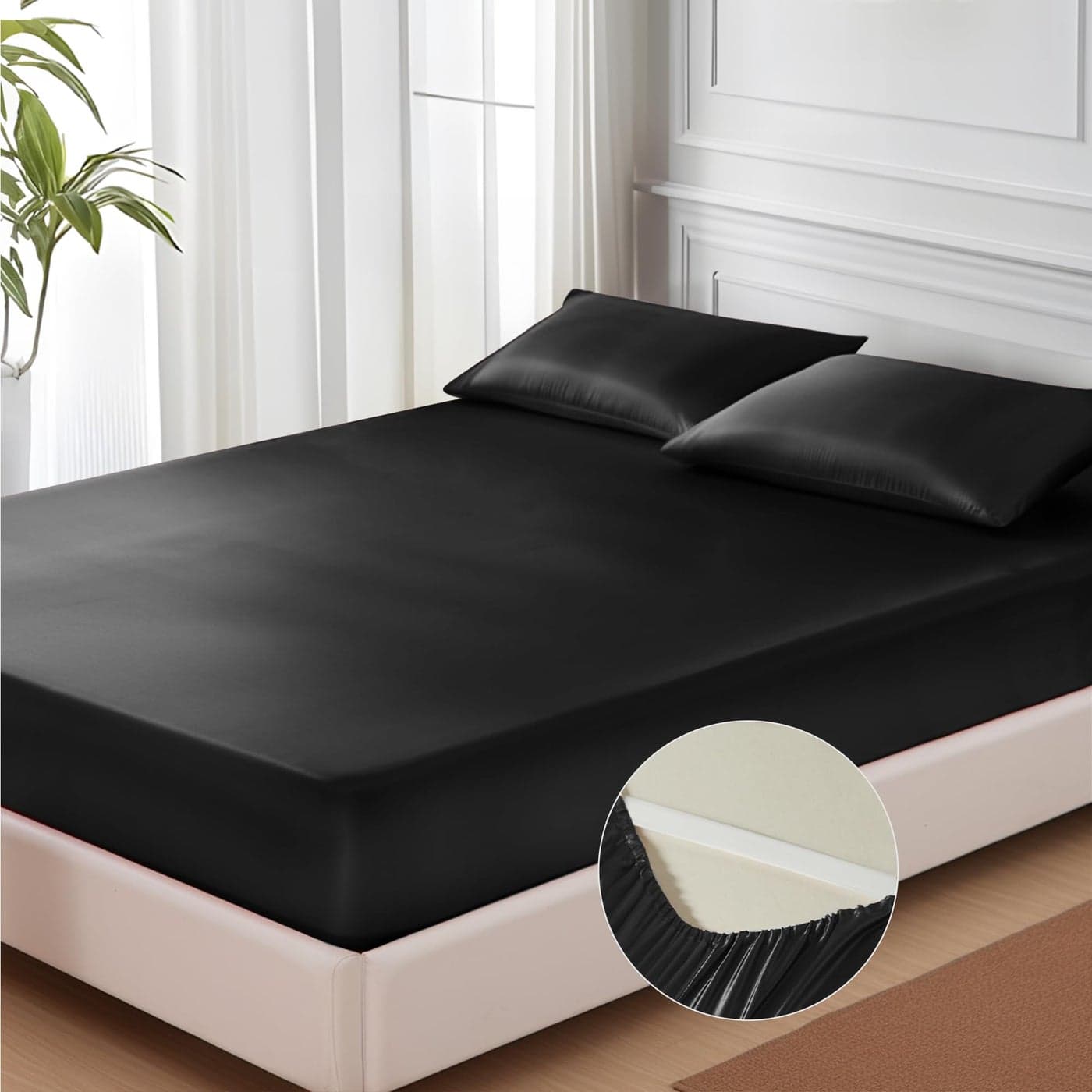 MRHM Satin Fitted Sheet King Size Silky Bottom Sheet with Elastic Corner Straps Deep Pocket up to 15 Inch No More Slipping Off for Mattress 1 Fitted Sheet Only Black