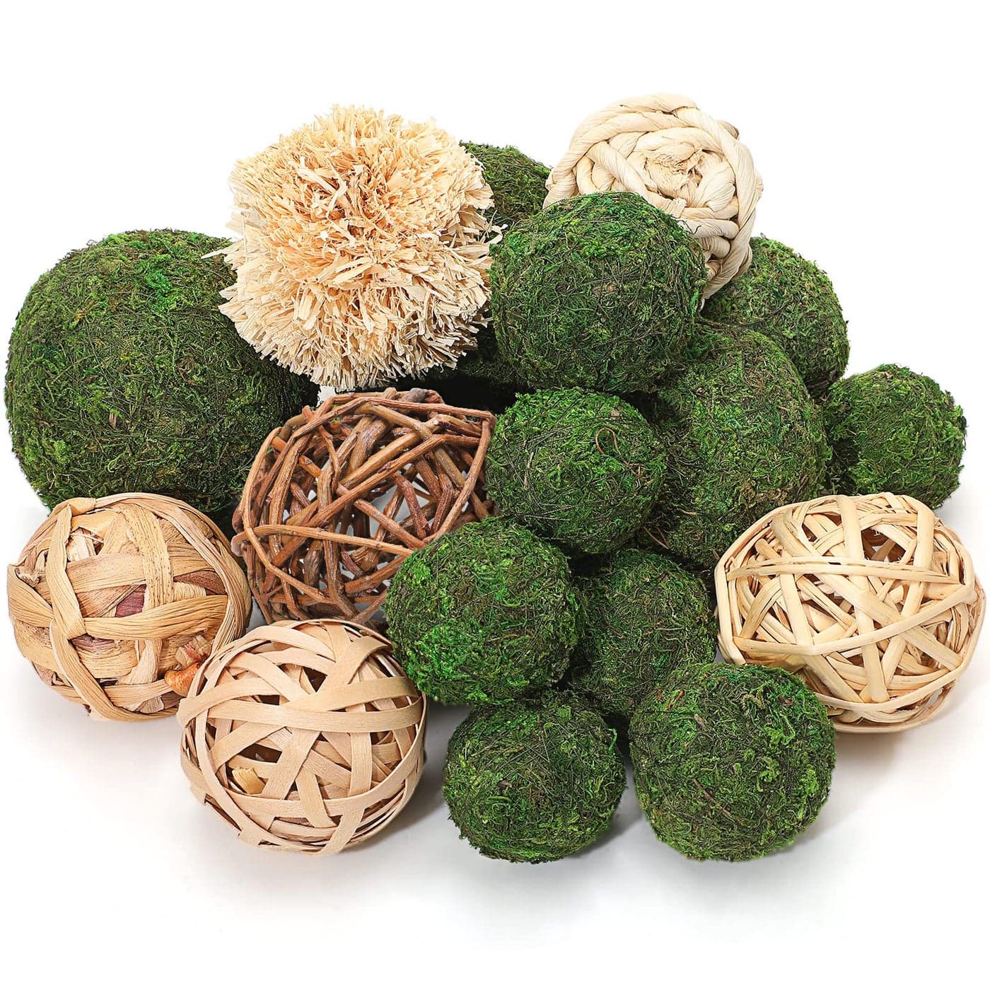 Jetec 18 Pcs Decorative Balls for Centerpiece Bowls 12 Green Moss Balls 6 Wicker Rattan Cord Decorative Bowl Vase Fillers for Garden Vase Bowl Home Party Table Farmhouse Rustic Wedding Decor