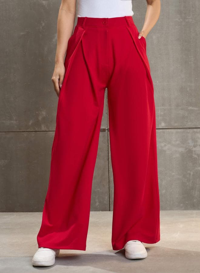 SASSAFRAS Women Red Wrap Pleated Wide Leg Pants