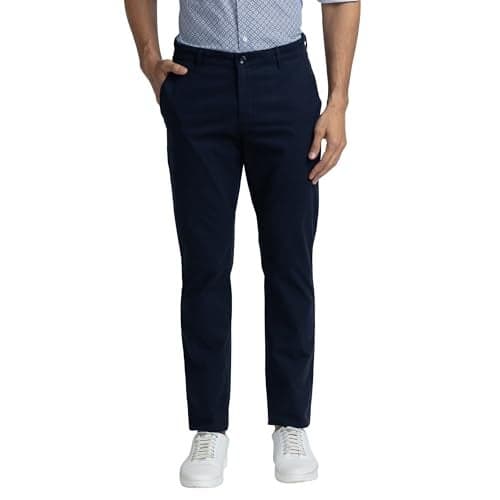 ColorPlus Men's Contemporary Fit Cotton Blend Solid Piece Dyed Pattern Flat Front Navy Trouser
