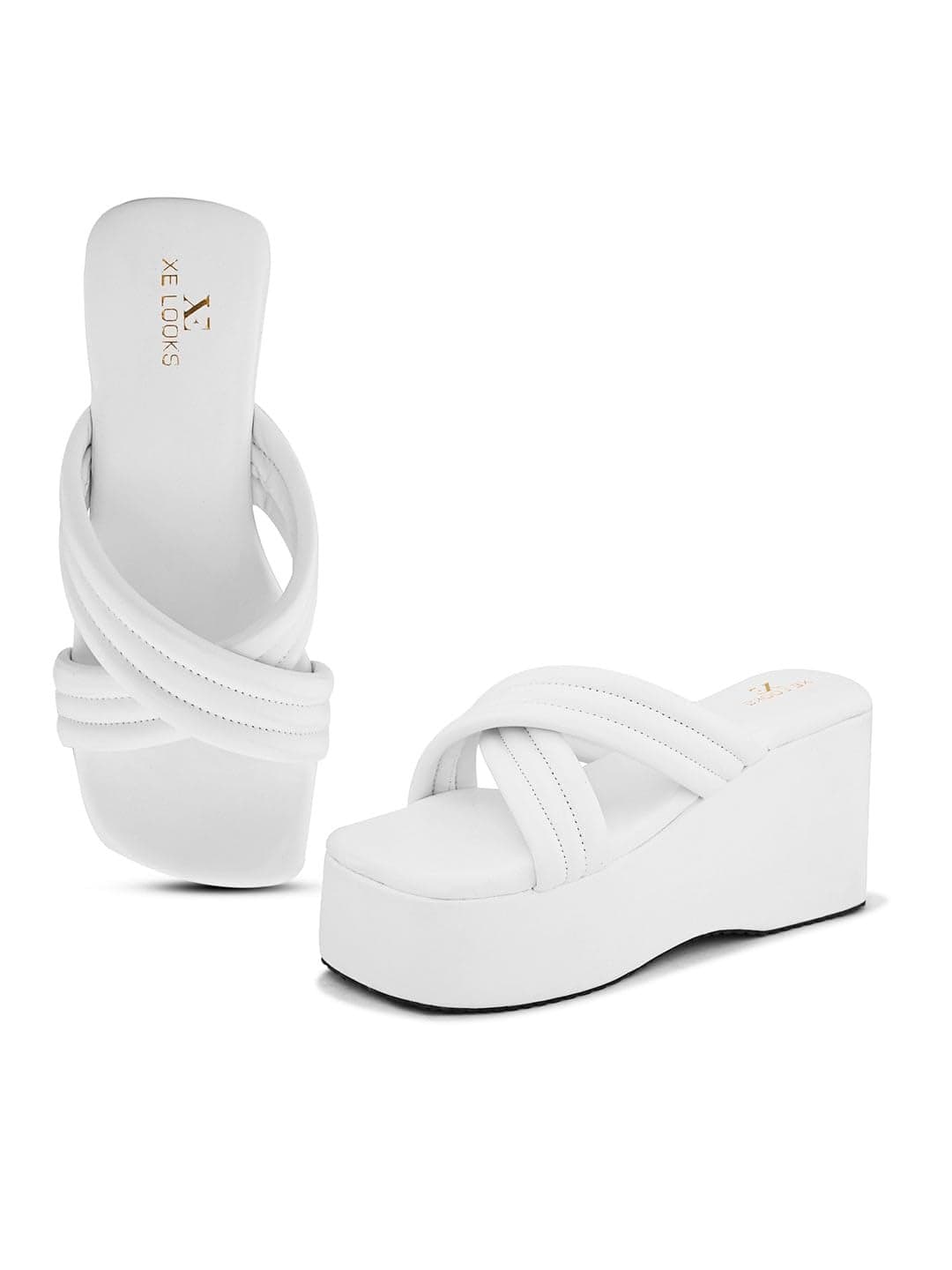 XE Women's Casual Platform Cross Design Slippers with Cushioned Sole | Open-Toe Slip-On Style Comfortable Platform Heels | Fashionable Strappy Pump Heel Sandals for Girls (White)