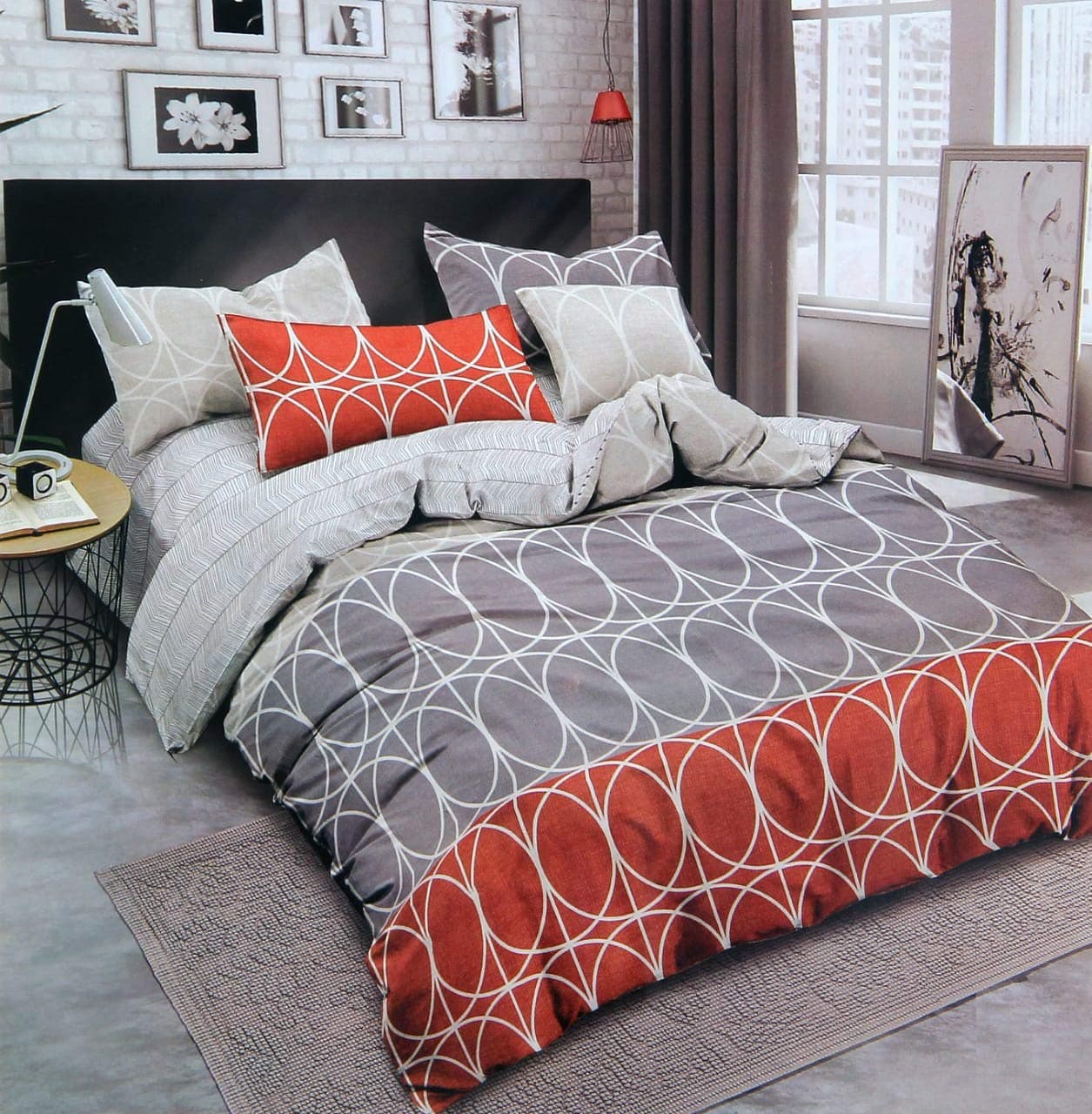 Magnetic Shadow King Size Bed Polycotton Elastic Fitted Bedsheet with 2 Pillow Covers 240 X 260 cms (Orange Circles)