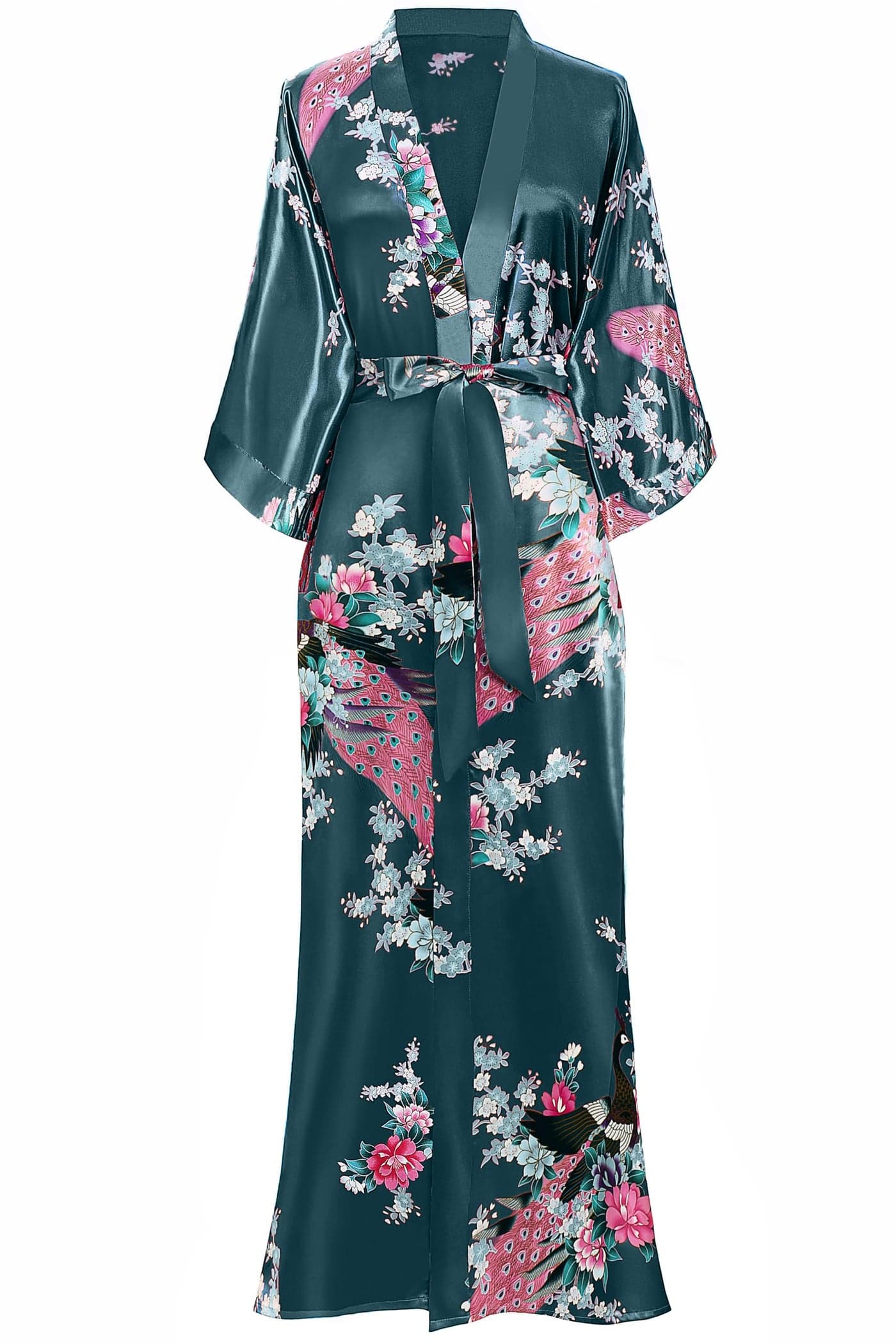 BABEYOND Womens Kimono Robe Long Satin Silky Robes with Peacock and Blossoms Printed Kimono Nightgown