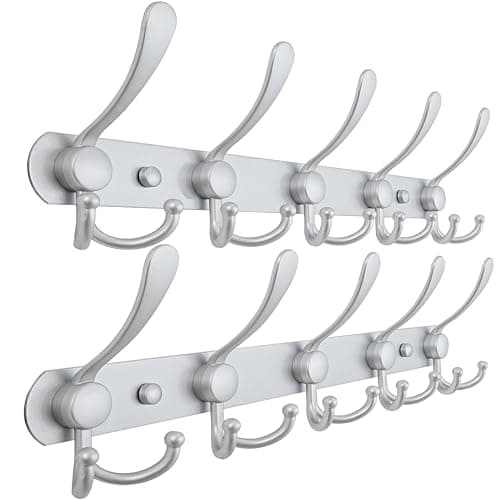 Dseap Coat Rack Wall Mounted - 5 Tri Hooks, Heavy Duty, Stainless Steel, Metal Coat Hook Rail for Coat Hat Towel Purse Robes Mudroom Bathroom Entryway (Silver, Pack of 2)