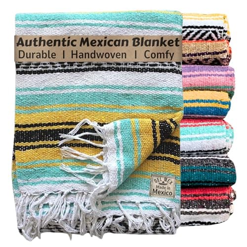 Del Mex Classic Mexican Blanket, Large Authentic Woven Falsa Throw (70"x50"), Artisan Southwest Décor for Beach, Yoga, Outdoors (Mint/Yellow)