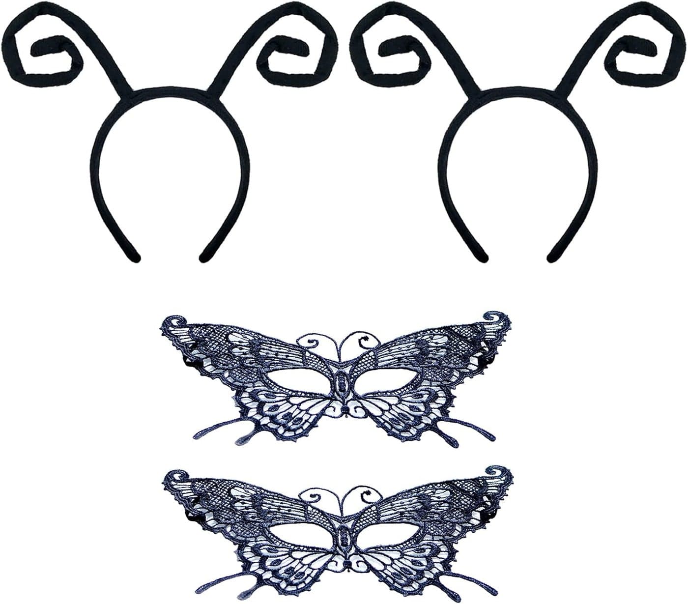 YAXAMING 4 Pcs Halloween Butterfly Antenna Headband Lace Mask Black Hair Hoops Masquerade Mask Animal Headpiece Hairband Hair Bands Women Cosplay Festival Parade Dress Up Birthday Party Accessories