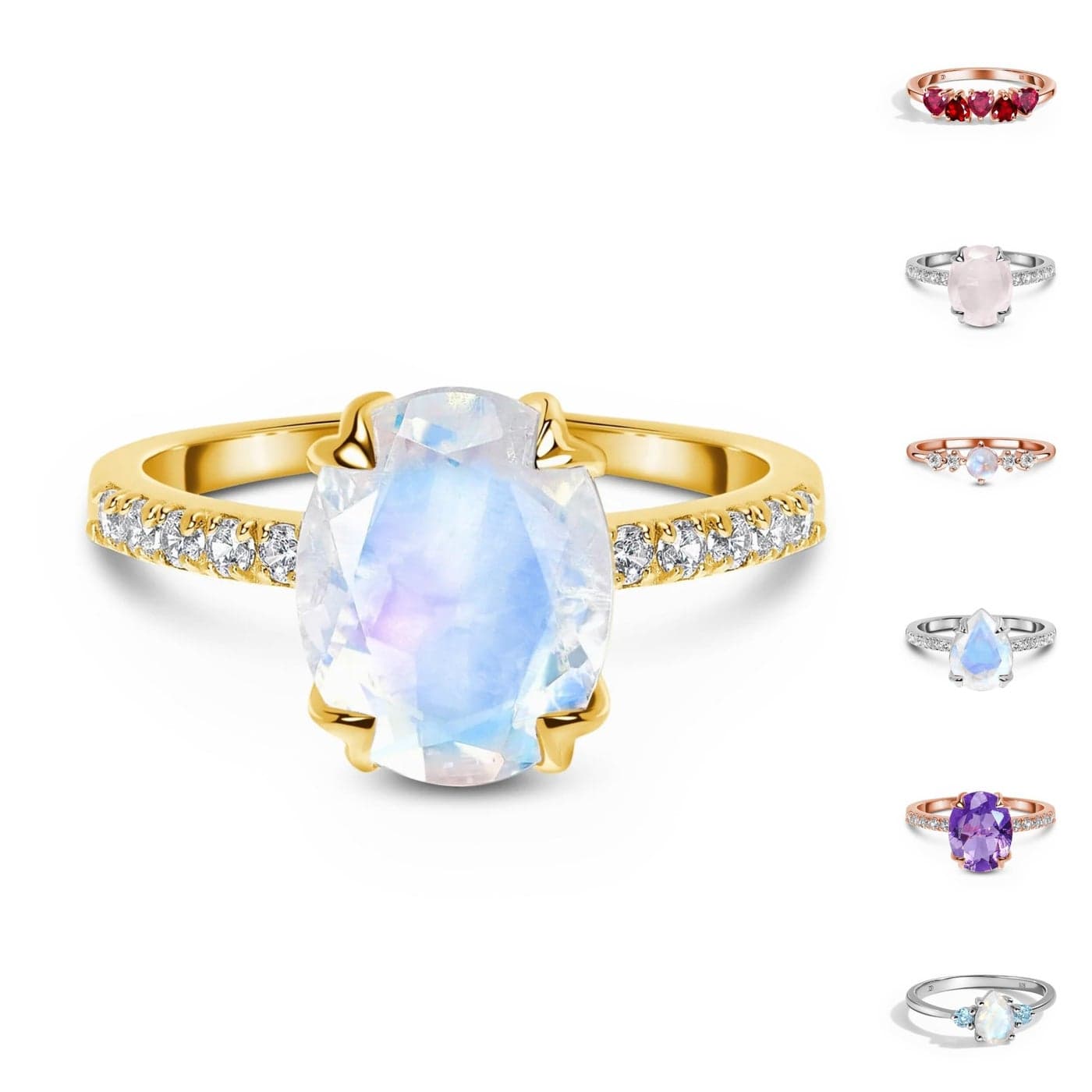Moon Magic Authentic Rainbow Moonstone Ring Ruby Garnet Rose Quartz Obsidian Amethyst Multi ColorReal 925 Sterling Silver 18k Rose Yellow Gold Birthstone Rings for WomenGenuine Gemstones