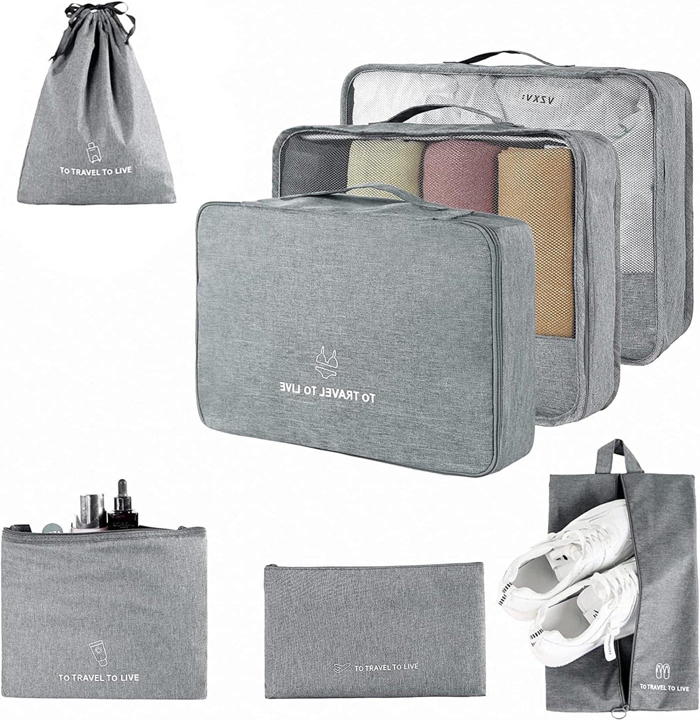 House of Quirk 7 Set Packing Cubes For Suitcases Travel Luggage Organizers With Laundry Bag, Shoe Bag And Toitetry bag,Lightweight Luggage For Carry On Suitcase (Grey)