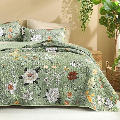 Litanika Floral Green Quilt King Size - 3 Pieces Sage Botanical Birds Pattern Quilt Bedding, Spring Lightweight Soft Coverlet for All Seasons (106"x96")