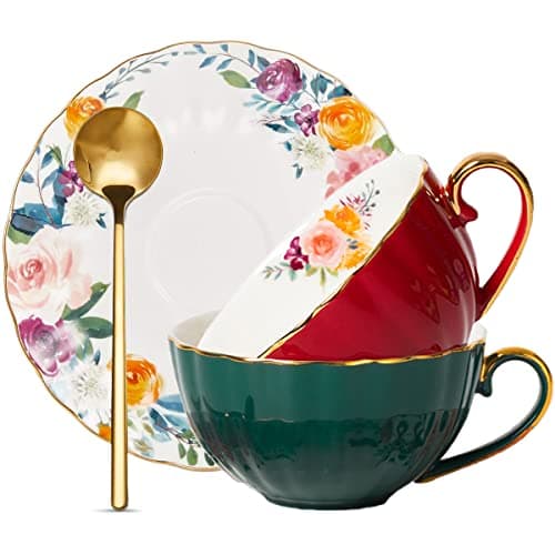 ONEUSTAR Tea Cups and Saucers Set of 2 Bone China Floral English Teacup with Spoon Coffee Cups Cappuccino Espresso Latte Mug for Christmas Gift, 8 Oz